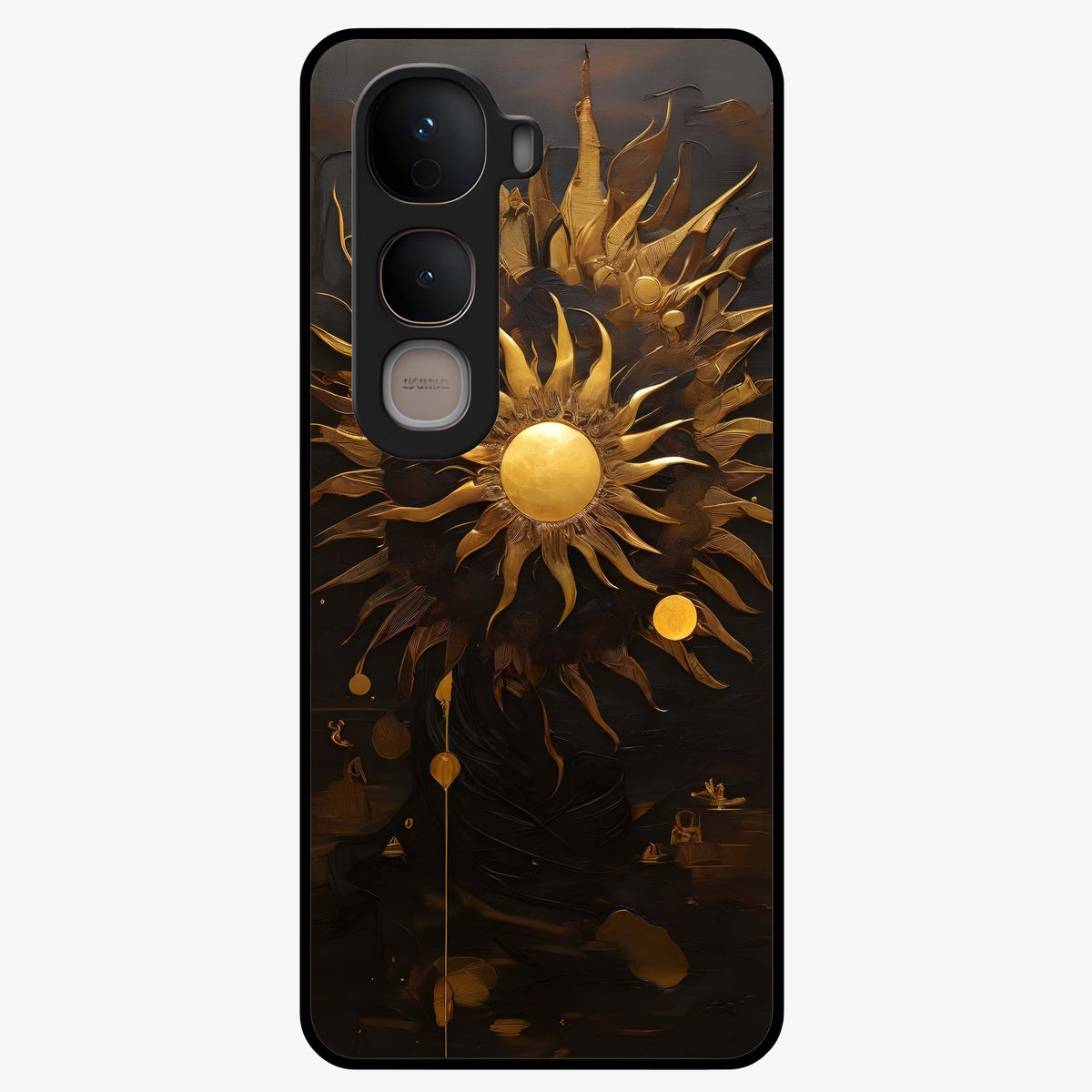Golden Sun Majesty Glass Case showing flat back view with radiant golden sun artwork and glossy glass finish.