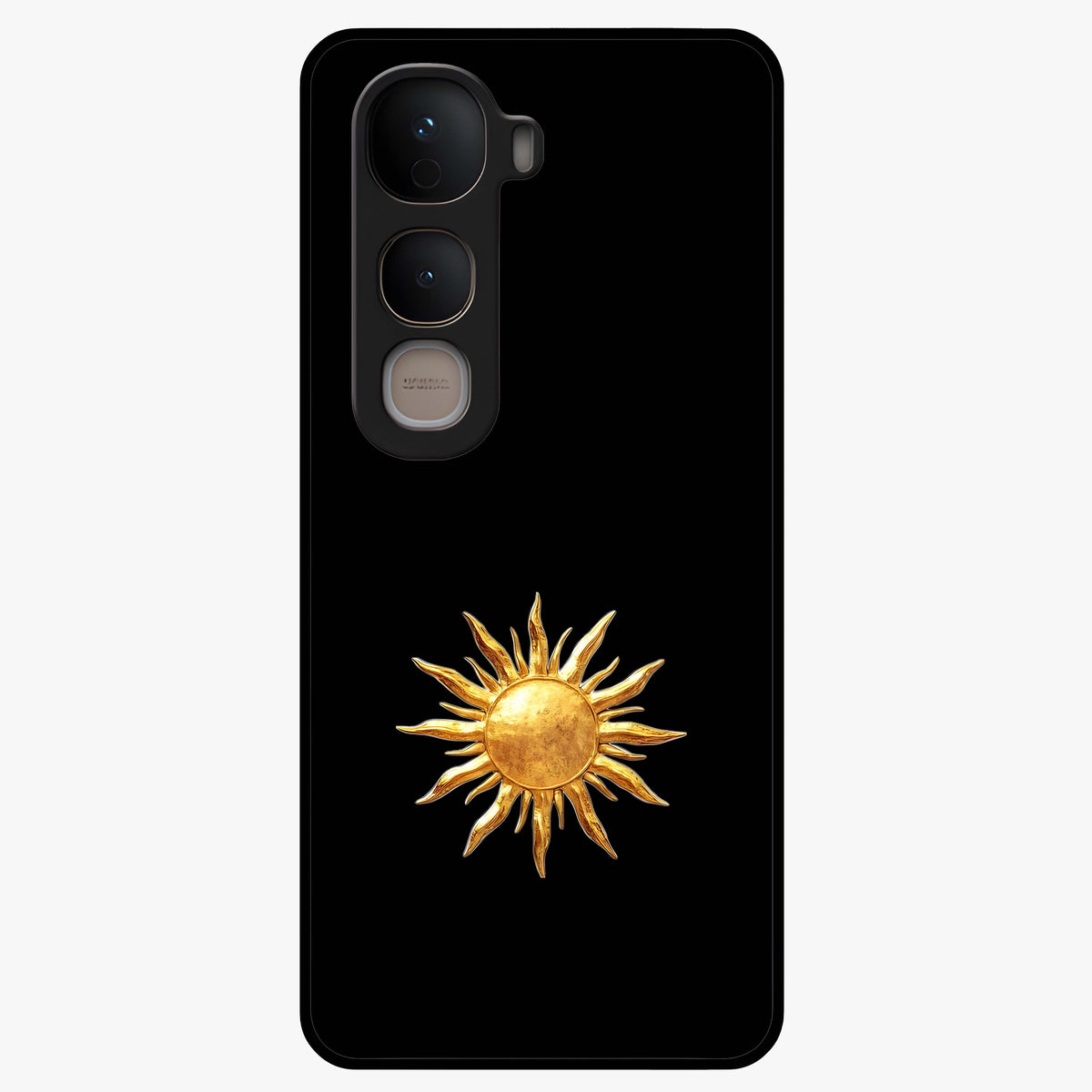 Golden Sun Minimalism Glass Case showing flat back view with minimal golden sun artwork and glossy glass finish.