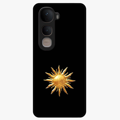 Golden Sun Minimalism Glass Case showing flat back view with minimal golden sun artwork and glossy glass finish.