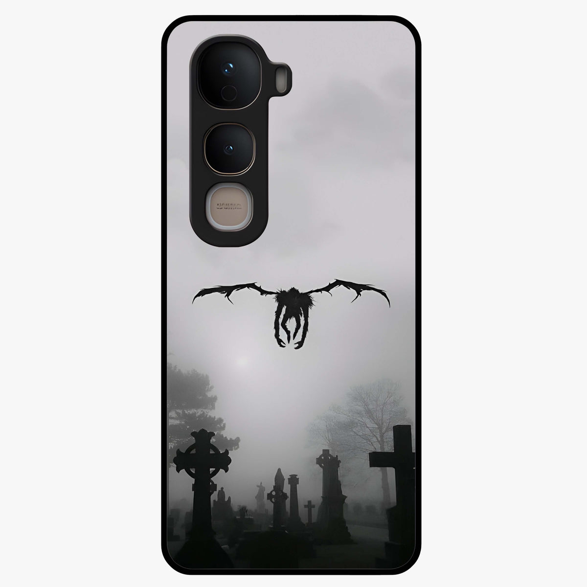 Graveyard Shadow Descent Glass Case showing flat back view with dark graveyard themed artwork and glossy glass finish.