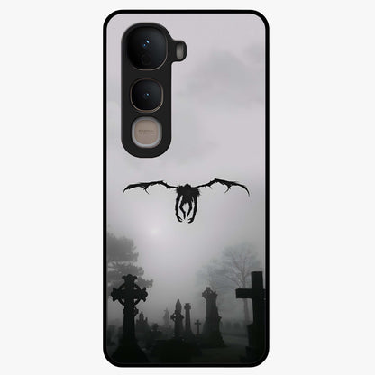 Graveyard Shadow Descent Glass Case showing flat back view with dark graveyard themed artwork and glossy glass finish.