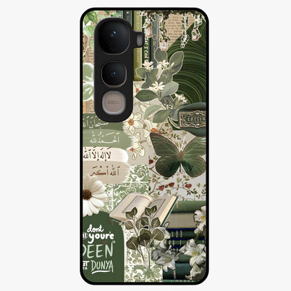 Green Islamic Books Quotes Glass Case showing flat back view with Islamic quotes and book themed artwork and glossy glass finish.