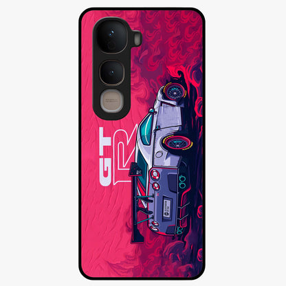 GT-R Car Pattern Glass Case showing flat back view with sporty car inspired pattern artwork and glossy glass finish.