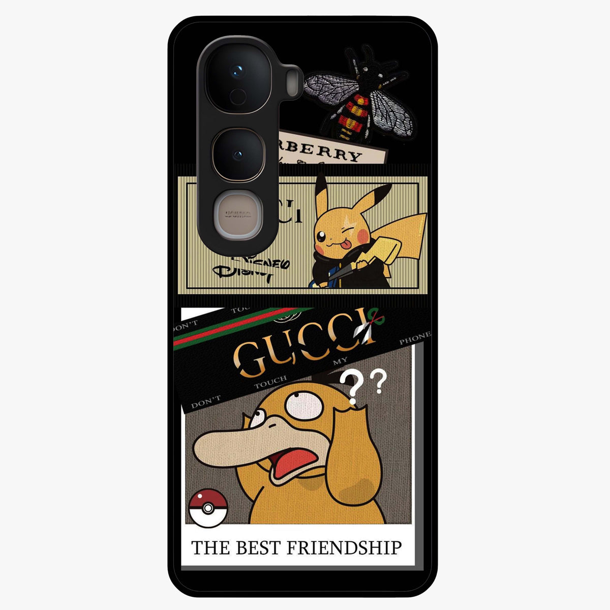Gucci Play Mashup Glass Case showing flat back view with luxury inspired graphic artwork and glossy glass finish.