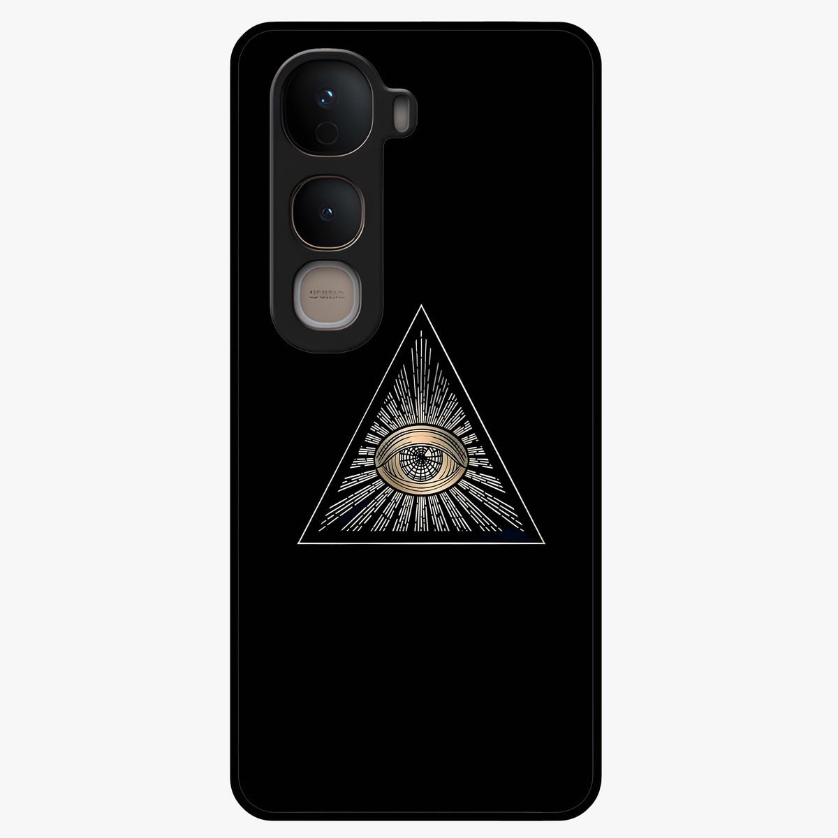 Illuminati Evil Glass Case showing flat back view with mysterious illuminati symbol artwork and glossy glass finish.