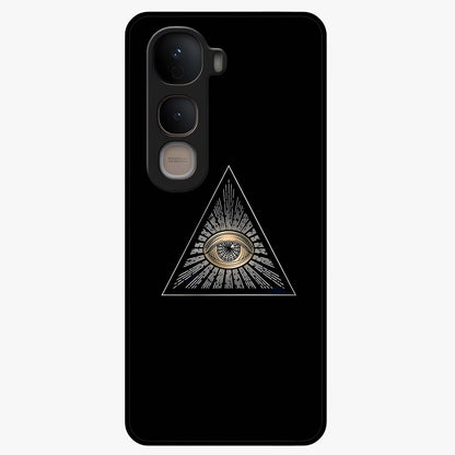 Illuminati Evil Glass Case showing flat back view with mysterious illuminati symbol artwork and glossy glass finish.