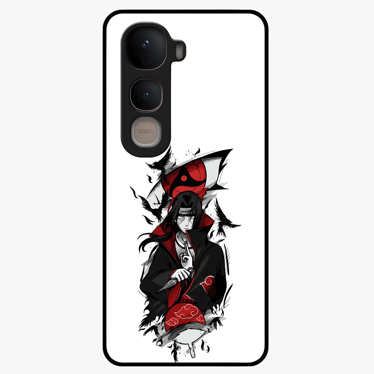 Itachi Sharingan Glass Case showing flat back view with powerful anime eye artwork and glossy glass finish.
