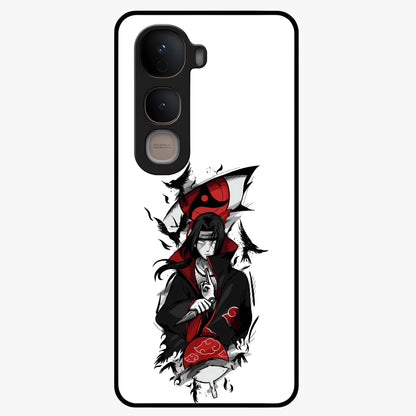 Itachi Sharingan Glass Case showing flat back view with powerful anime eye artwork and glossy glass finish.