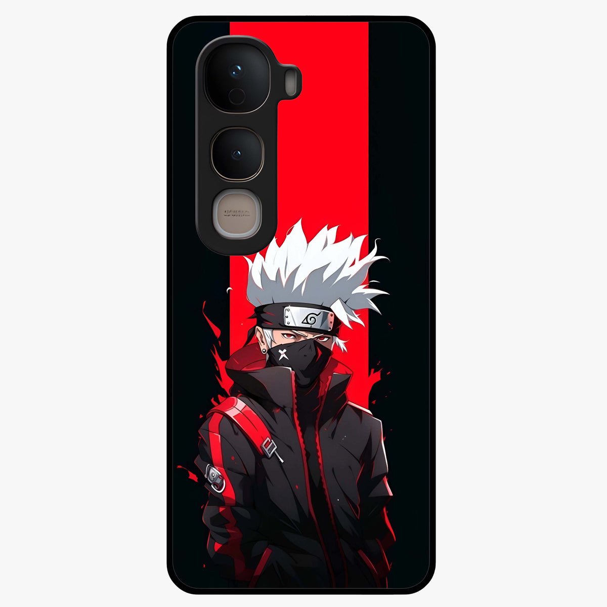 Kakashi Scarlet Shadow Glass Case showing flat back view with powerful anime ninja artwork and glossy glass finish.