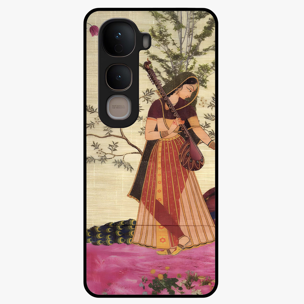 Lady With Veena Art Glass Case showing flat back view with elegant woman playing veena artwork and glossy glass finish.