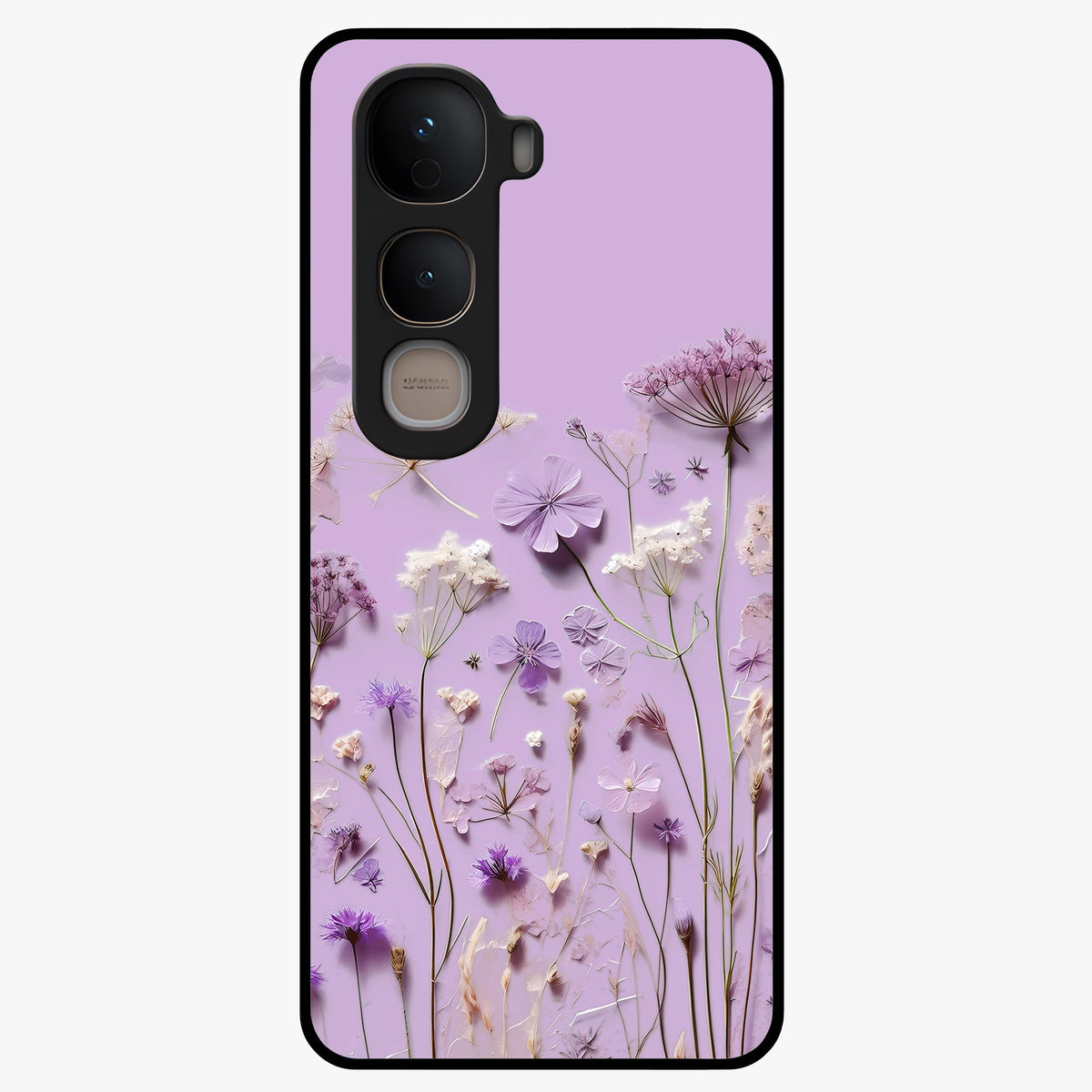 Lavender Blossom Dream Glass Case showing flat back view with soft lavender floral artwork and glossy glass finish.