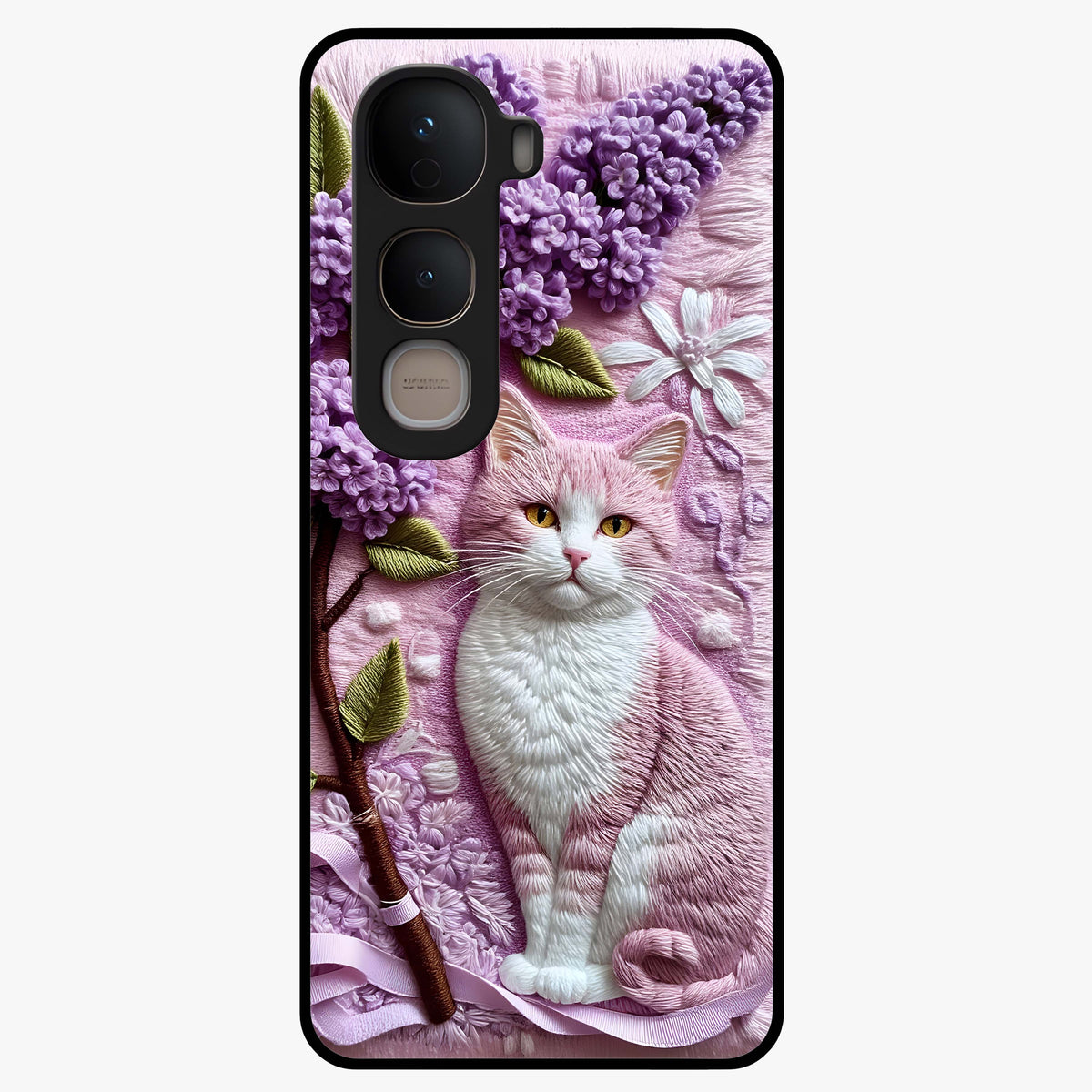 Lavender Cat Whimsy Glass Case showing flat back view with cute lavender cat artwork and glossy glass finish.