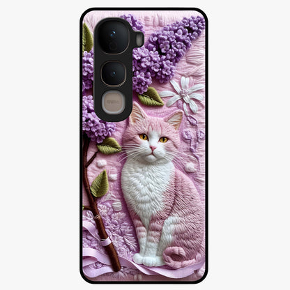 Lavender Cat Whimsy Glass Case showing flat back view with cute lavender cat artwork and glossy glass finish.