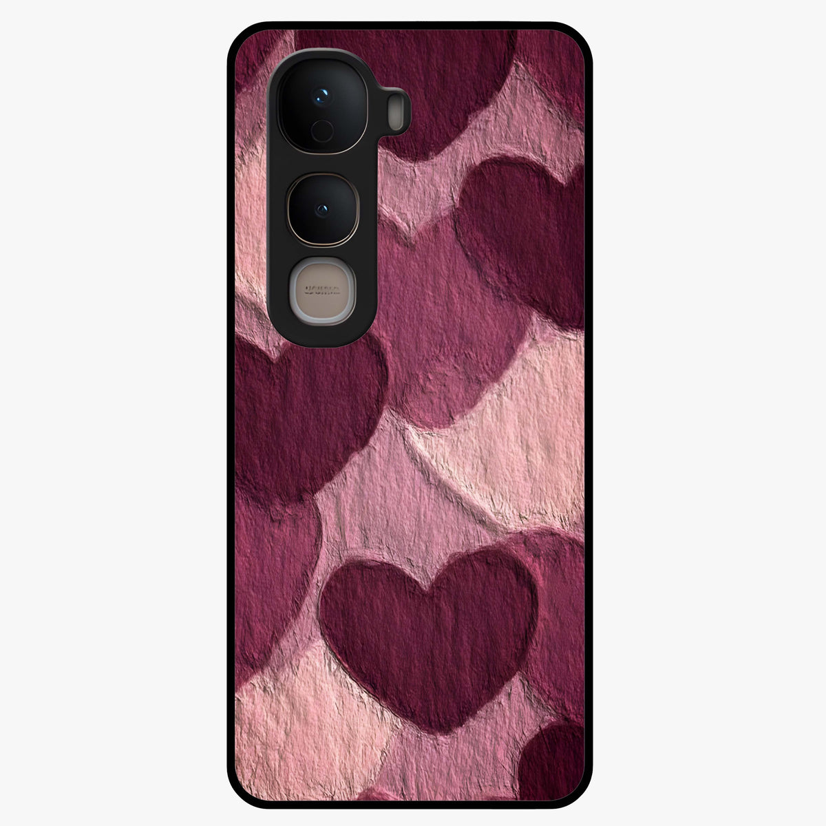 Layered Paper Hearts Glass Case showing flat back view with layered paper heart artwork and glossy glass finish.