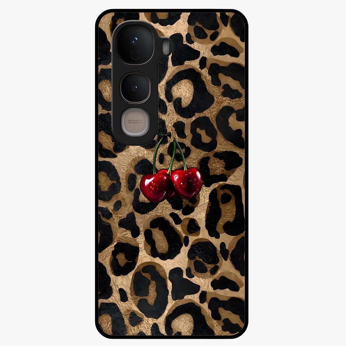 Leopard Wild Cherry Glass Case showing flat back view with leopard pattern and cherry artwork and glossy glass finish.