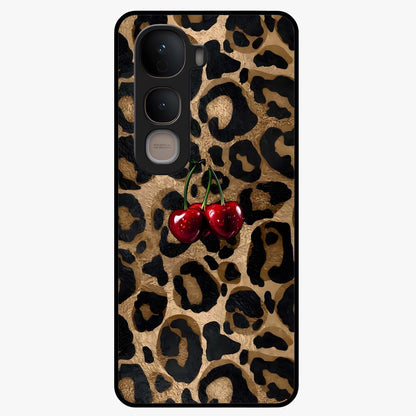 Leopard Wild Cherry Glass Case showing flat back view with leopard pattern and cherry artwork and glossy glass finish.