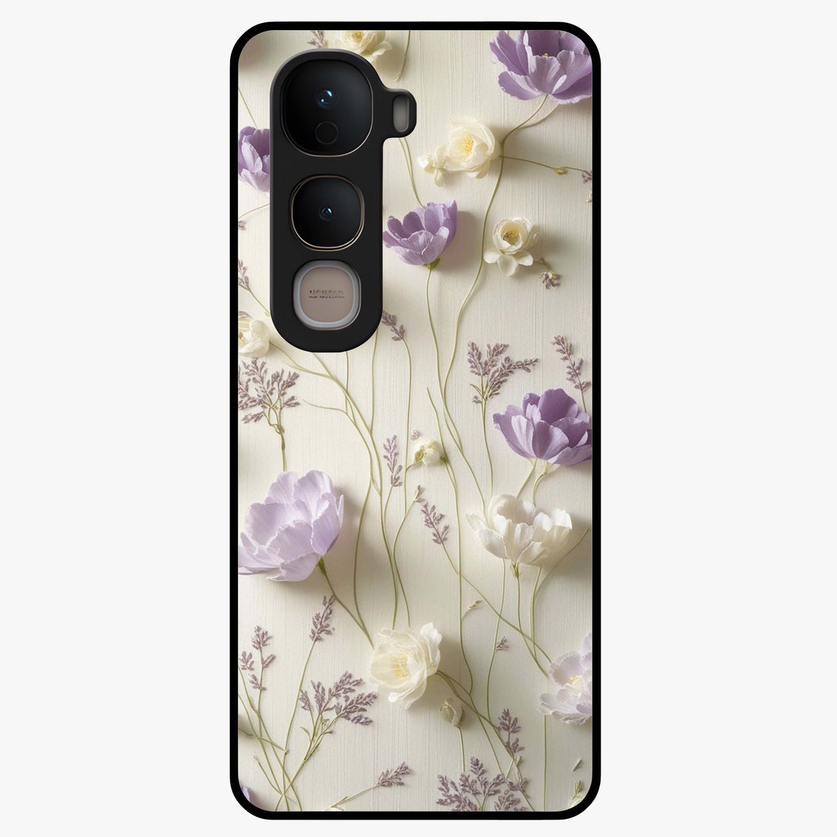 Lilac Breeze Harmony Glass Case showing flat back view with soft lilac themed artwork and glossy glass finish.