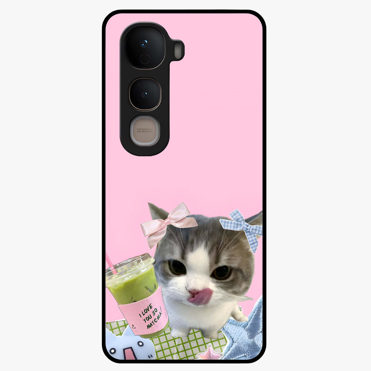 Love Matcha Cat Glass Case showing flat back view with cute cat and matcha themed artwork and glossy glass finish.