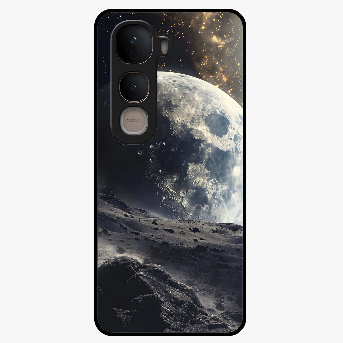 Lunar Horizon Glow Glass Case showing flat back view with glowing moon horizon artwork and glossy glass finish.