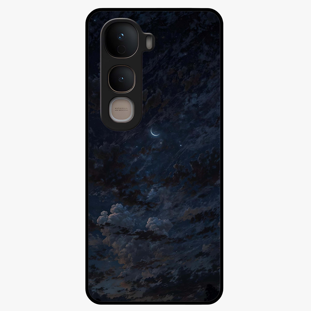 Lunar Veil Silence Glass Case showing flat back view with mystical moon veil artwork and glossy glass finish.