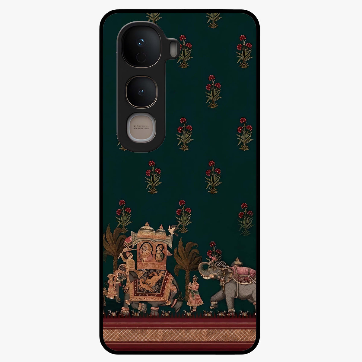 Macmerise Glass Case showing flat back view with stylish modern artwork and glossy glass finish.