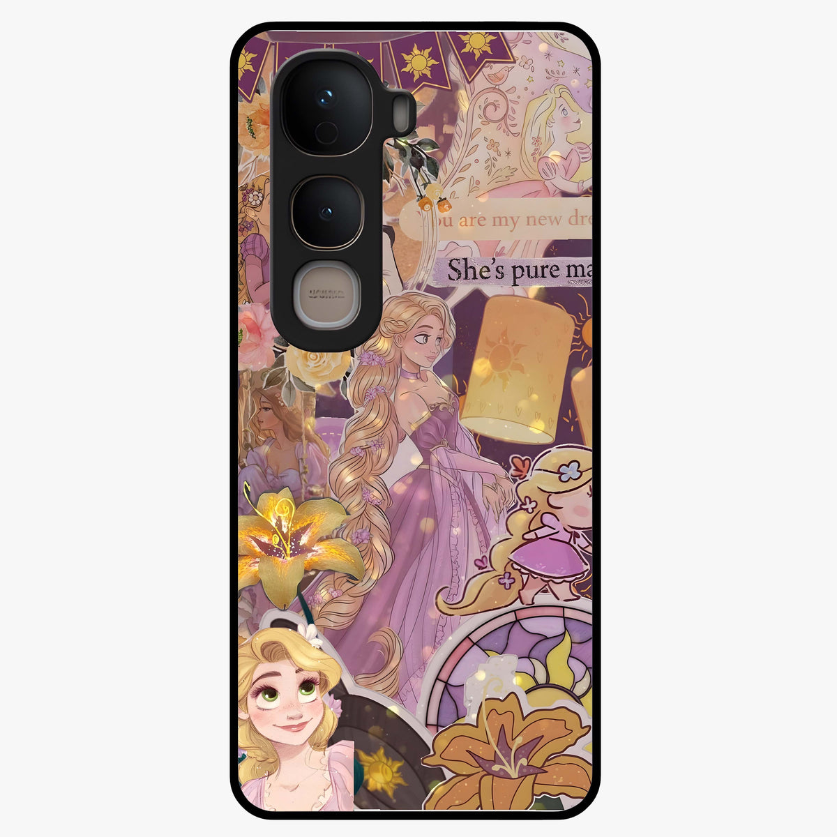 Magical Tangled Dream Glass Case showing flat back view with dreamy tangled artwork and glossy glass finish.