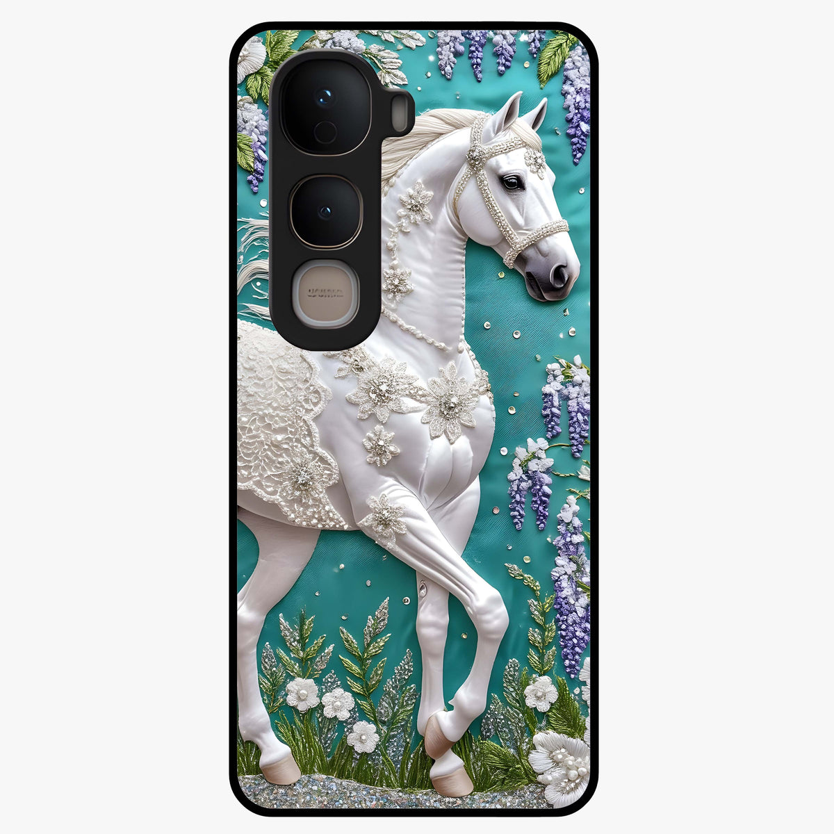 Majestic Floral Stallion Glass Case showing flat back view with powerful horse and floral artwork and glossy glass finish.