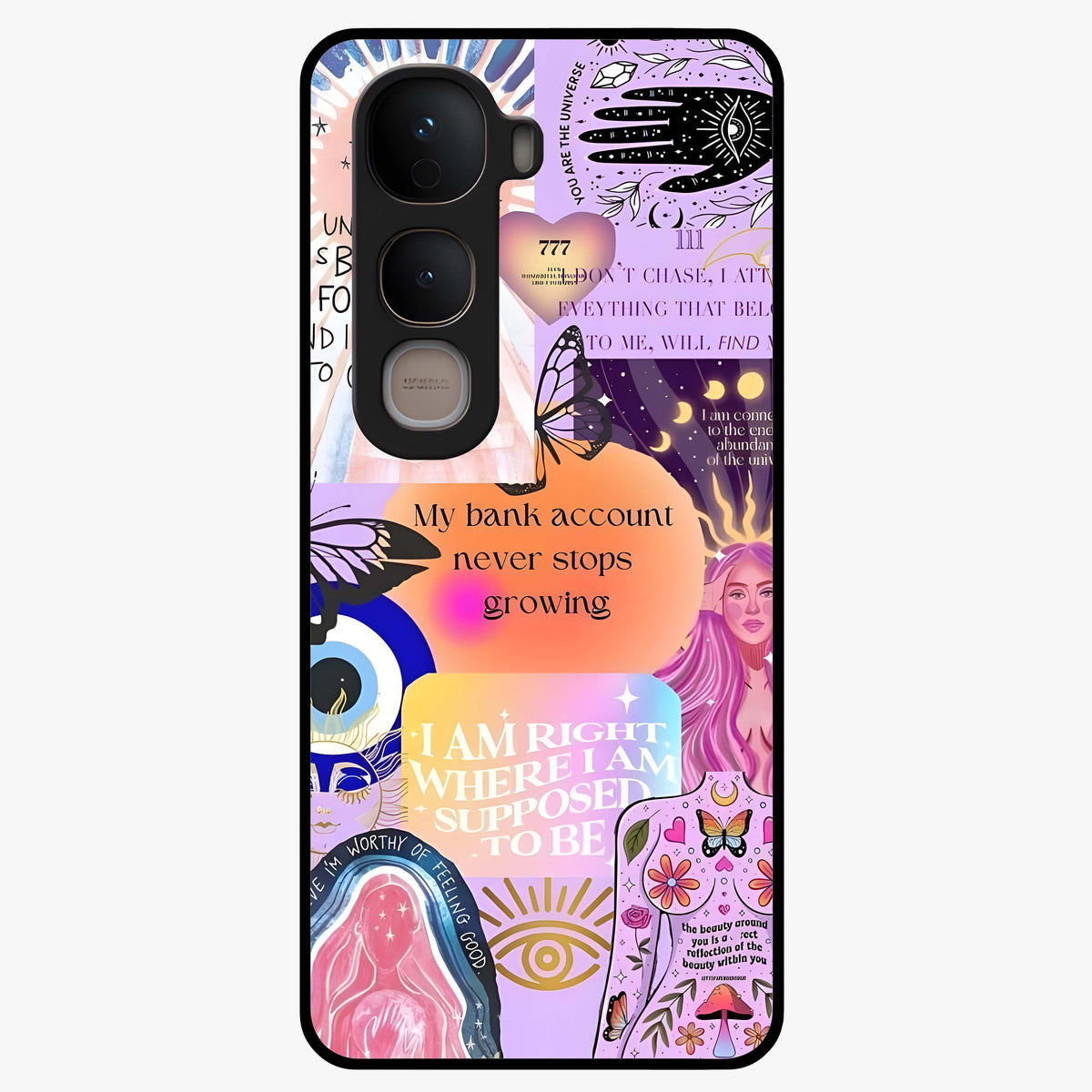 Manifestation Collage Glass Case showing flat back view with motivational collage artwork and glossy glass finish.