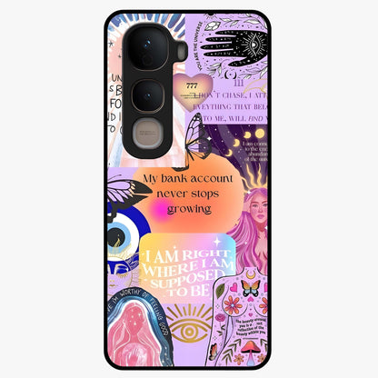 Manifestation Collage Glass Case showing flat back view with motivational collage artwork and glossy glass finish.