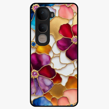 Marble Flower Pattern Glass Case showing flat back view with marble texture floral artwork and glossy glass finish.