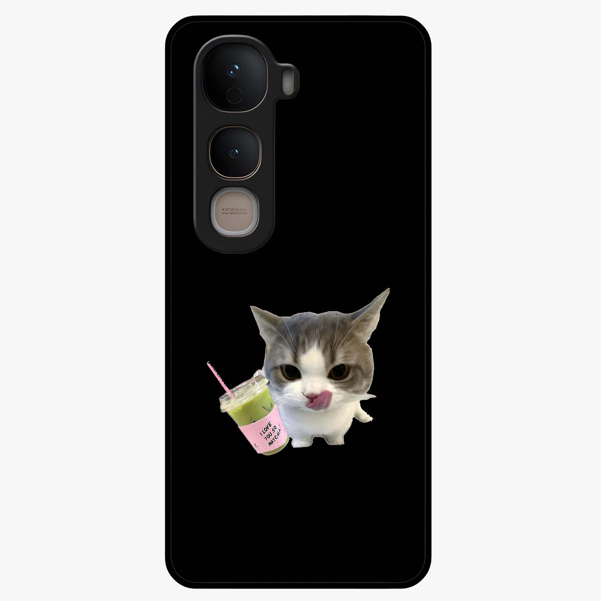 Matcha Cat Style Glass Case showing flat back view with cute matcha themed cat artwork and glossy glass finish.