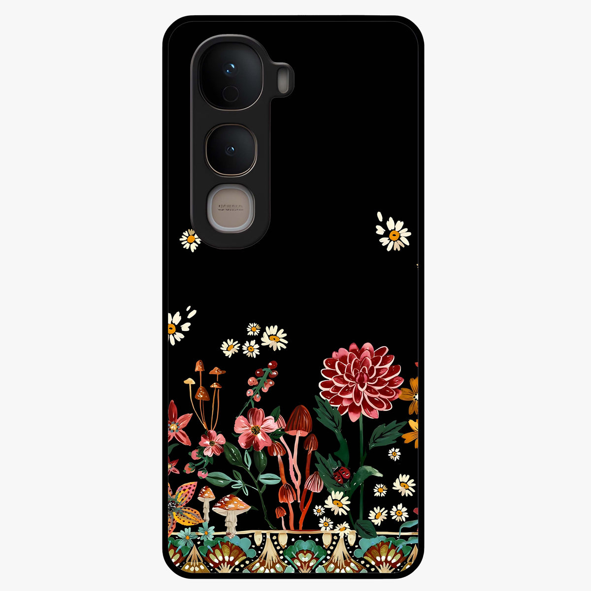 Midnight Bloom Pattern Glass Case showing flat back view with dark floral pattern artwork and glossy glass finish.