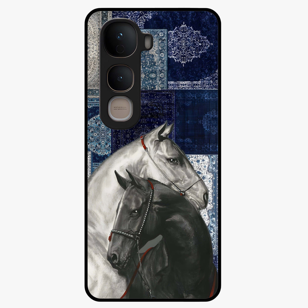 Midnight Stallion Blues Glass Case showing flat back view with majestic horse artwork and glossy glass finish.