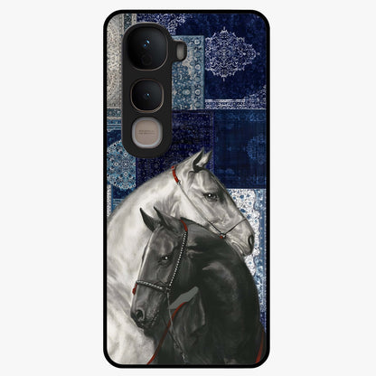 Midnight Stallion Blues Glass Case showing flat back view with majestic horse artwork and glossy glass finish.