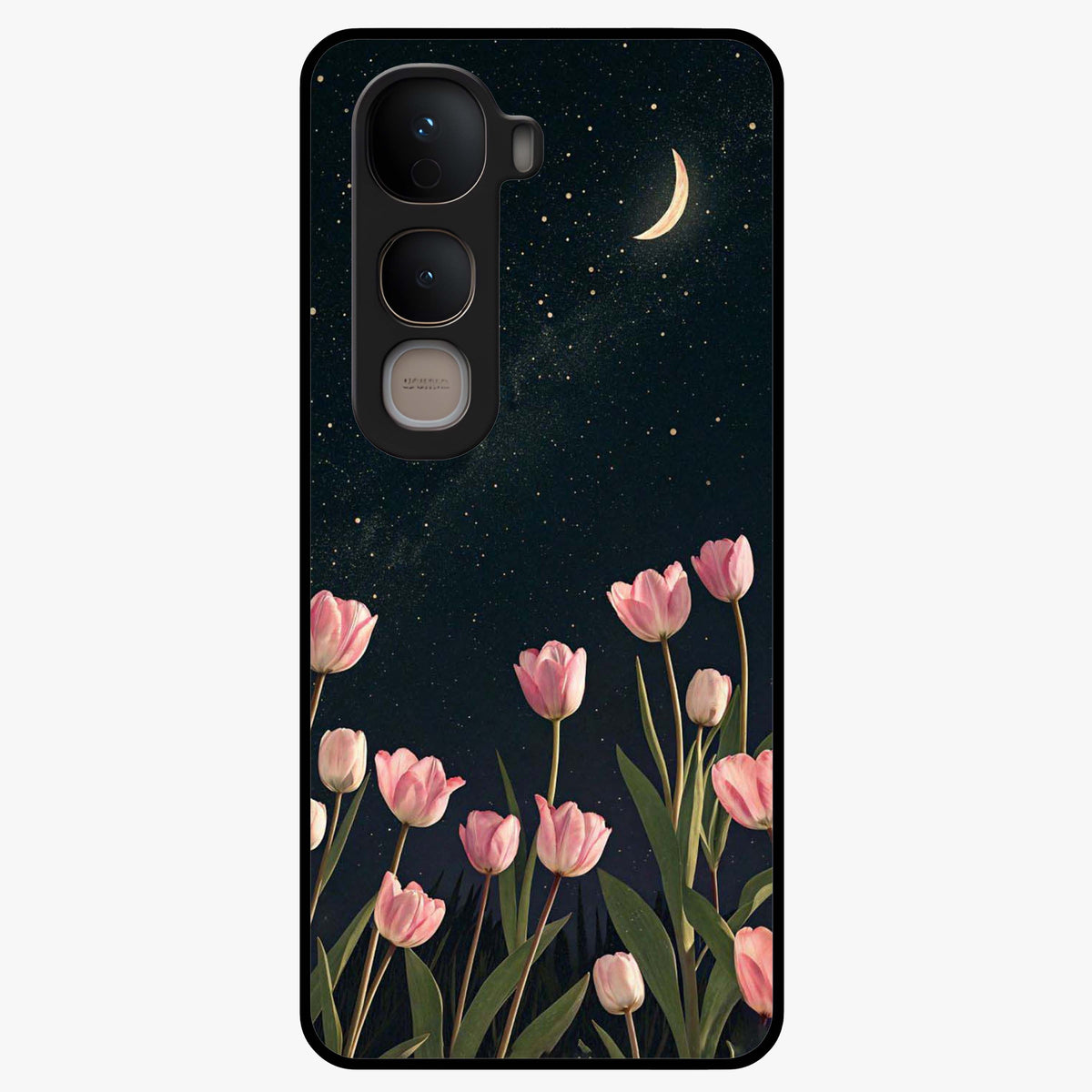 Midnight Tulip Whispers Vibe Glass Case showing flat back view with elegant tulip flower artwork and glossy glass finish.