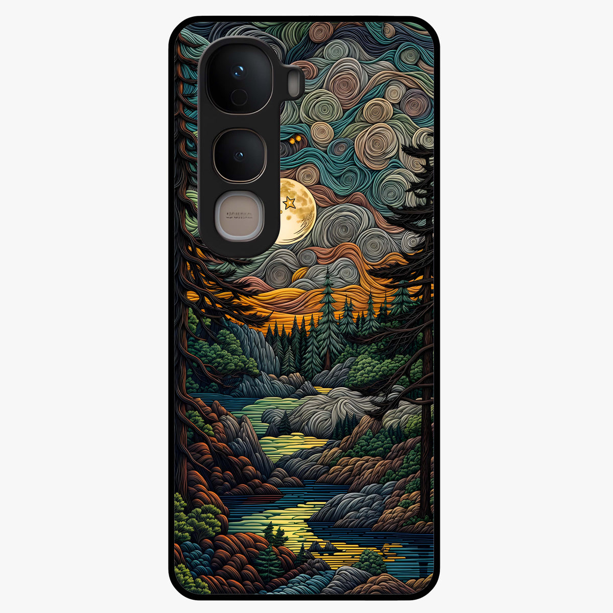 Moonlight Forest Dream Glass Case showing flat back view with mystical forest moonlight artwork and glossy glass finish.