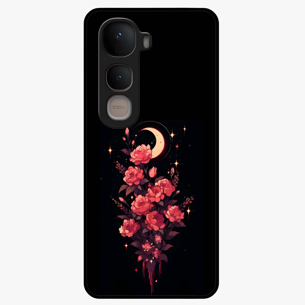 Moonlit Floral Elegance Glass Case showing flat back view with elegant floral artwork under moonlit tones and glossy glass finish.
