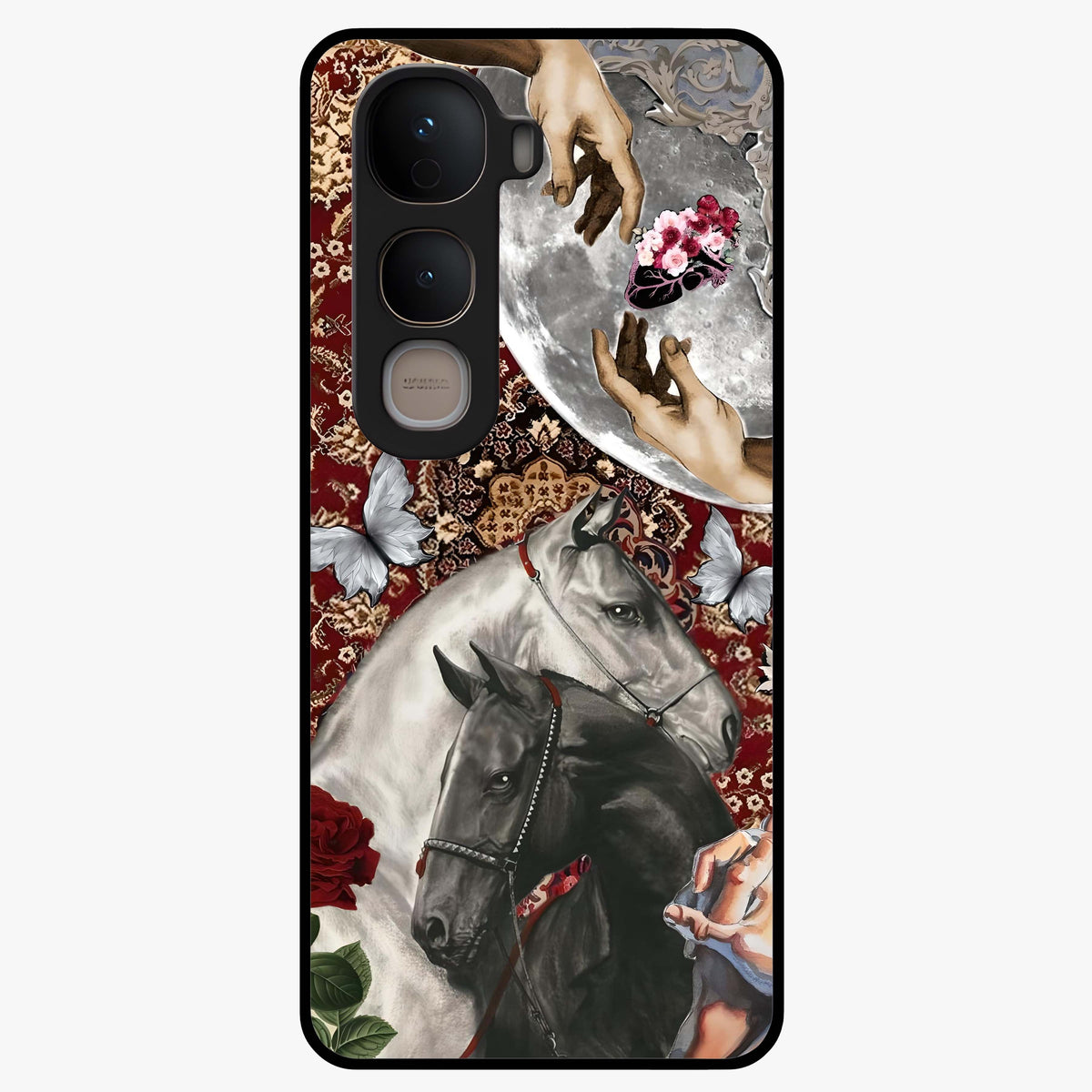 Moonlit Royal Stallion Glass Case showing flat back view with majestic horse under moonlight artwork and glossy glass finish.