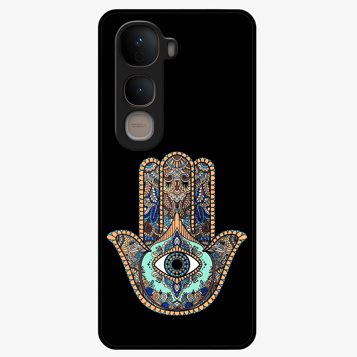 Mystic Hamsa Eye Glass Case showing flat back view with protective hamsa hand and evil eye artwork and glossy glass finish.
