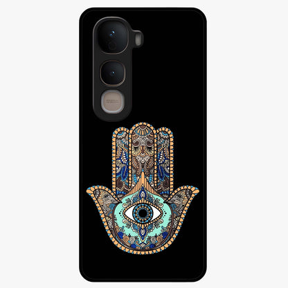 Mystic Hamsa Eye Glass Case showing flat back view with protective hamsa hand and evil eye artwork and glossy glass finish.
