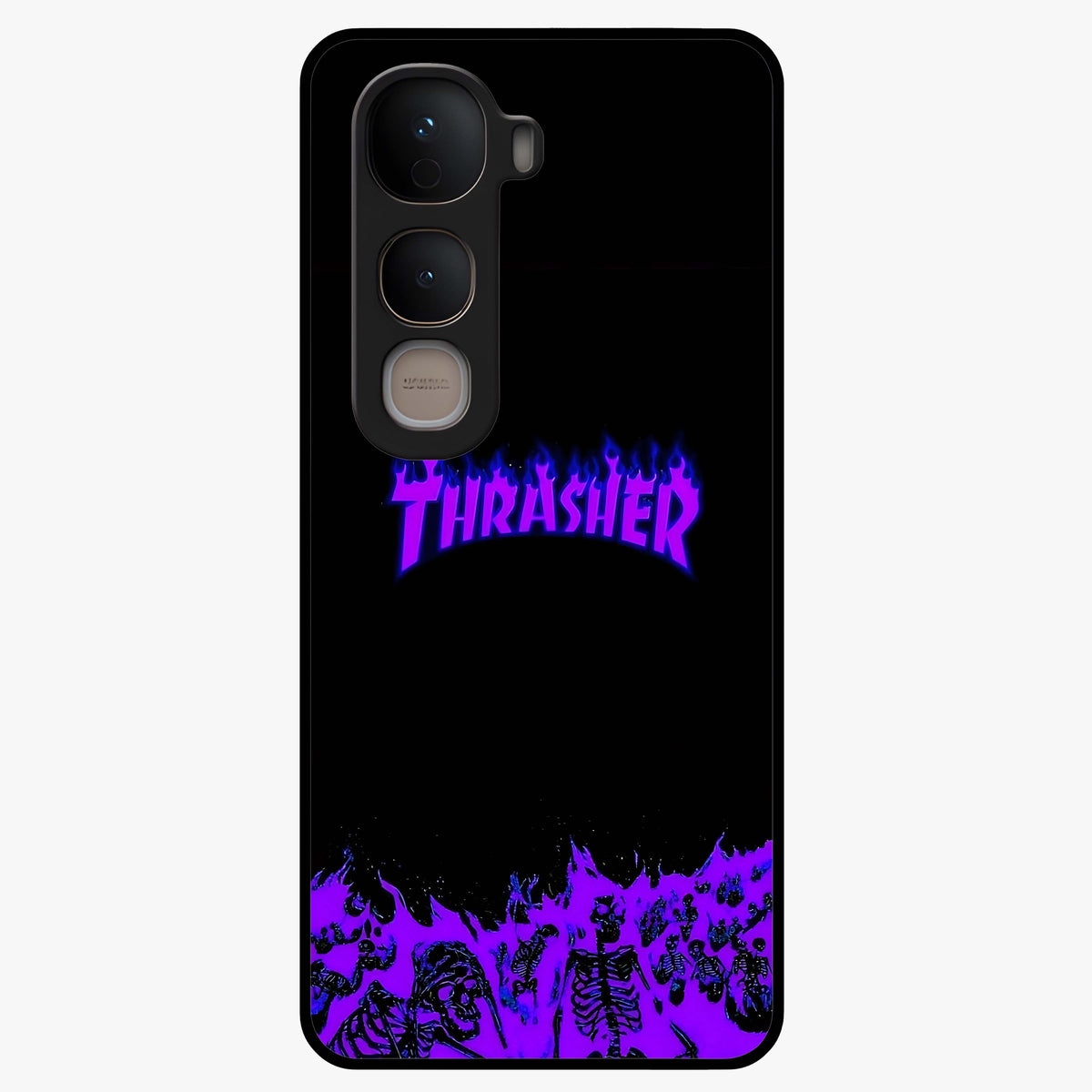 Neon Flame Riot Glass Case showing flat back view with neon flame artwork and glossy glass finish.