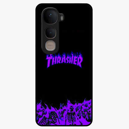 Neon Flame Riot Glass Case showing flat back view with neon flame artwork and glossy glass finish.