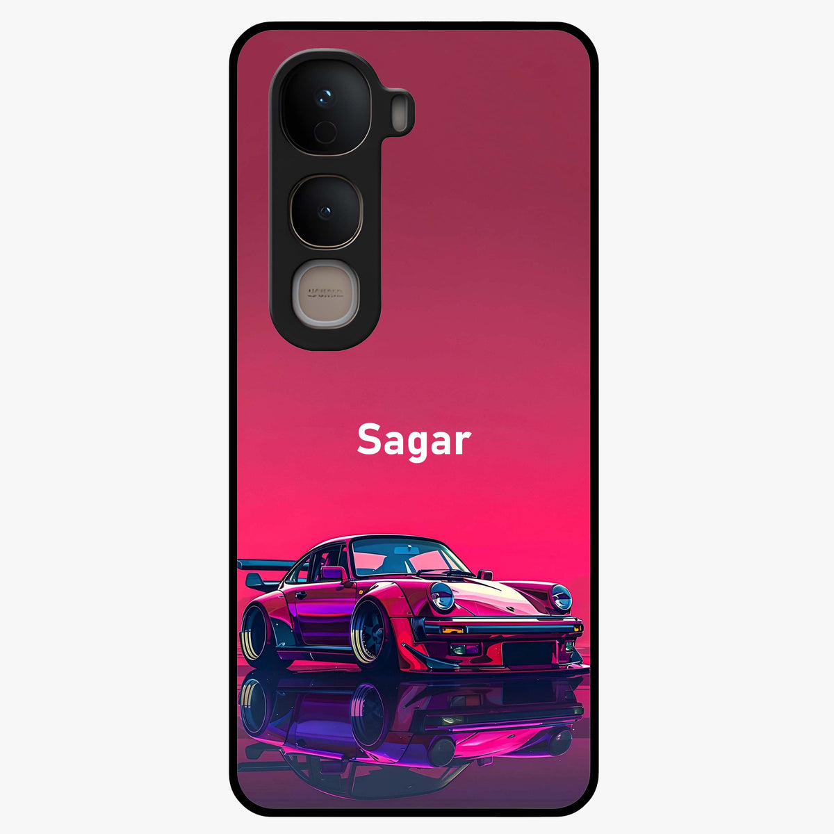 Neon Pink Porsche Glass Case showing flat back view with stylish sports car artwork and glossy glass finish.