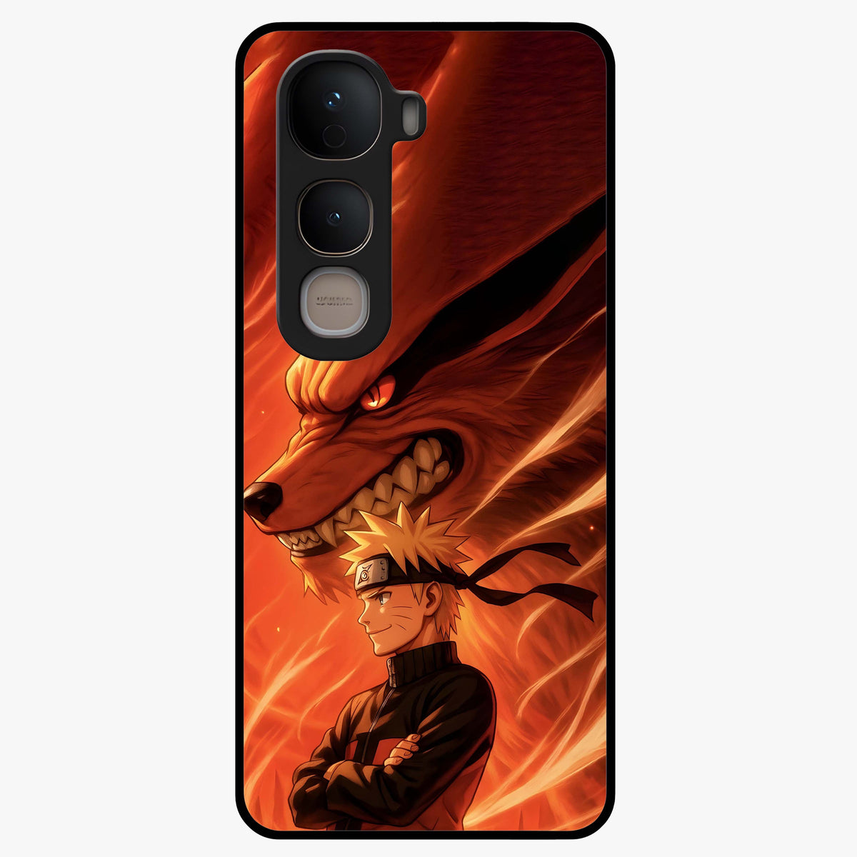 Nine Tails Legacy Glass Case showing flat back view with powerful nine-tailed fox inspired artwork and glossy glass finish.