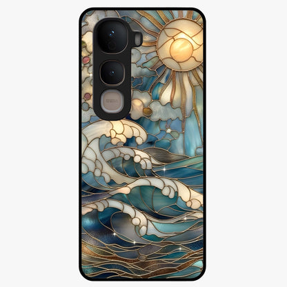 Oceanic Stained Printed Glass Case showing flat back view with ocean inspired stained pattern artwork and glossy glass finish.