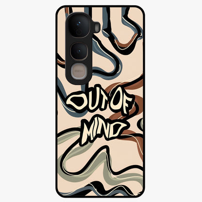Out Of Mind Glass Case showing flat back view with expressive typography artwork and glossy glass finish.