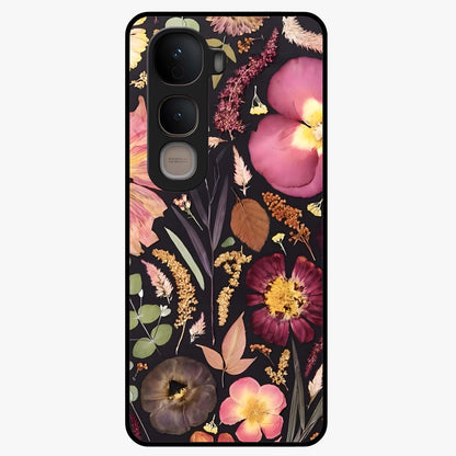 Petal Dream Tapestry Glass Case showing flat back view with intricate floral tapestry artwork and glossy glass finish.