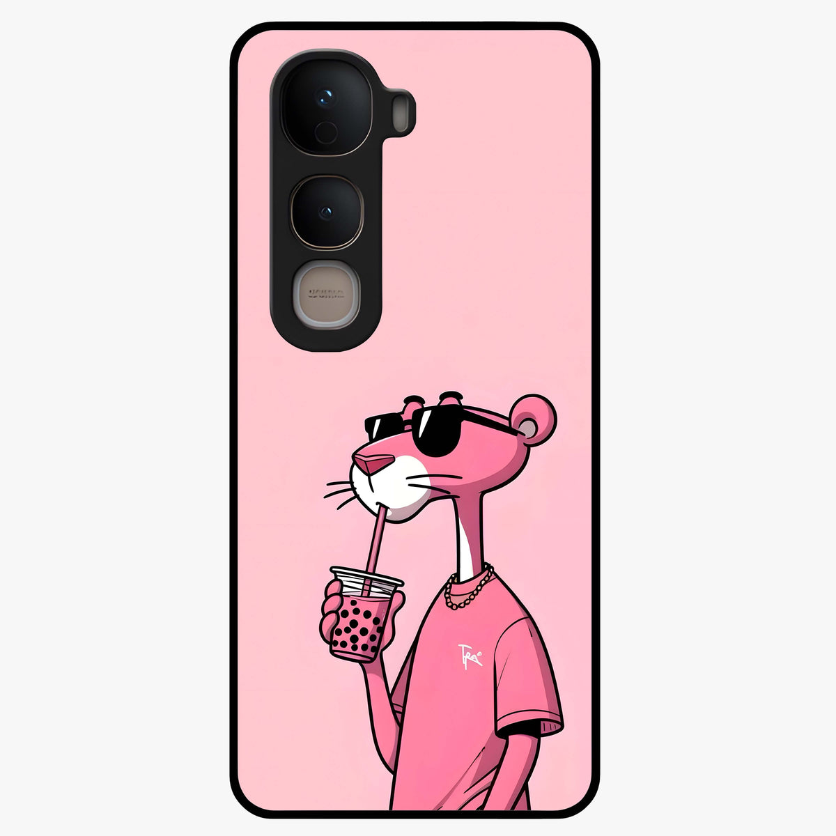 Pink Panther Glass Case showing flat back view with iconic pink panther artwork and glossy glass finish.