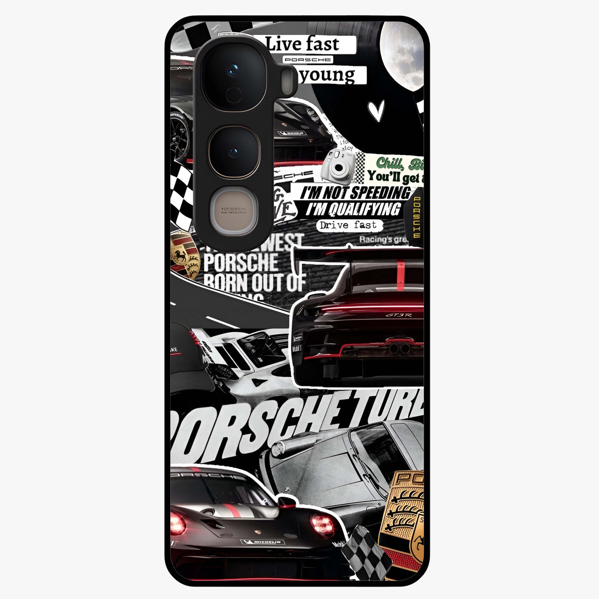 Porsche Racing Collage Glass Case showing flat back view with sports car racing collage artwork and glossy glass finish.