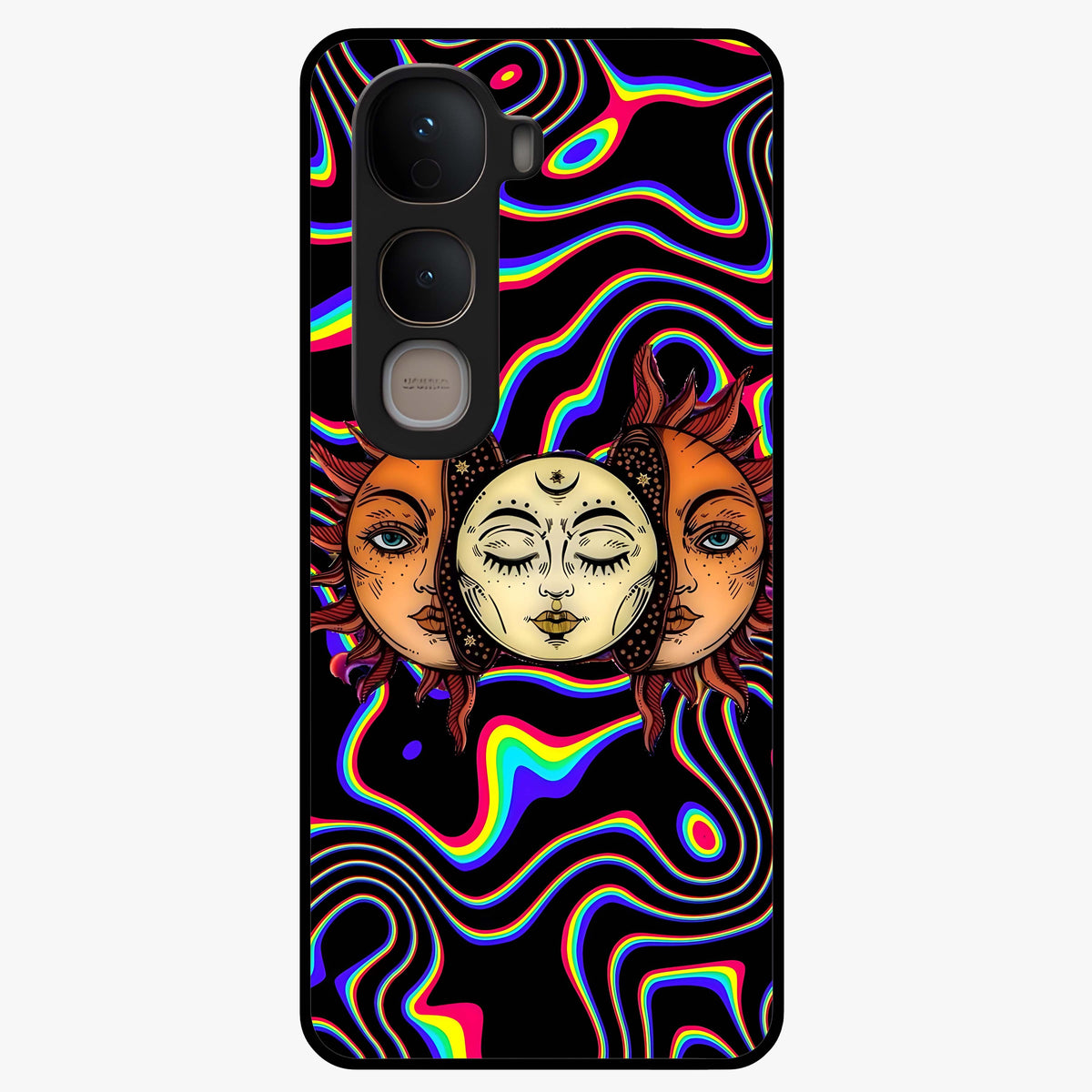 Psychedelic Sun Glass Case showing flat back view with colorful psychedelic sun artwork and glossy glass finish.